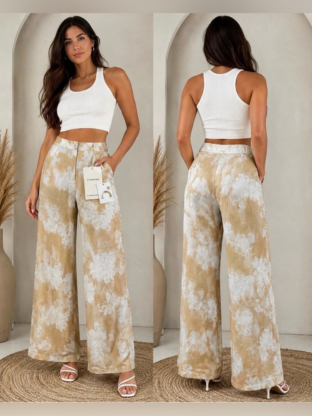 Commence Wide Leg Floral Pants Gold/White